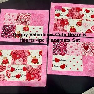 VALENTINE DAY QUILTED HEARTS & BEARS WITH LOVE 4 PIECE PLACEMAT SET